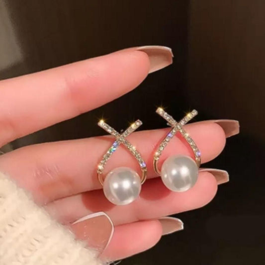 Korean-Inspired Gold-Plated Cross Pearl Stud Earrings