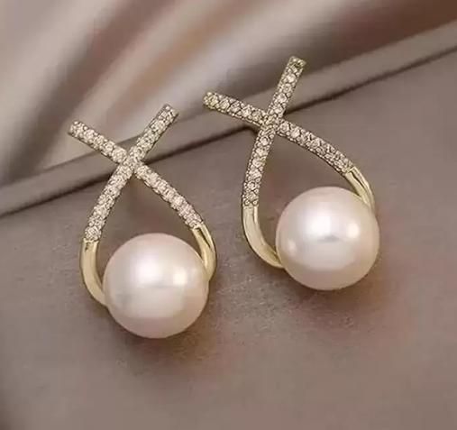 Korean-Inspired Gold-Plated Cross Pearl Stud Earrings