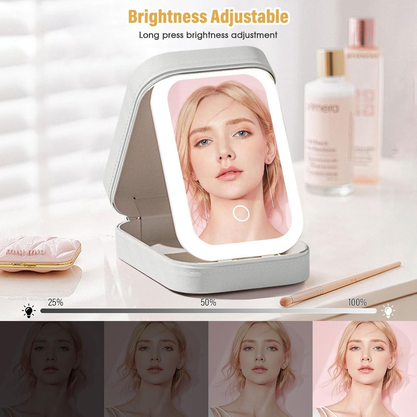 White Leather Jewelry and Makeup Organizer Box with LED Mirror