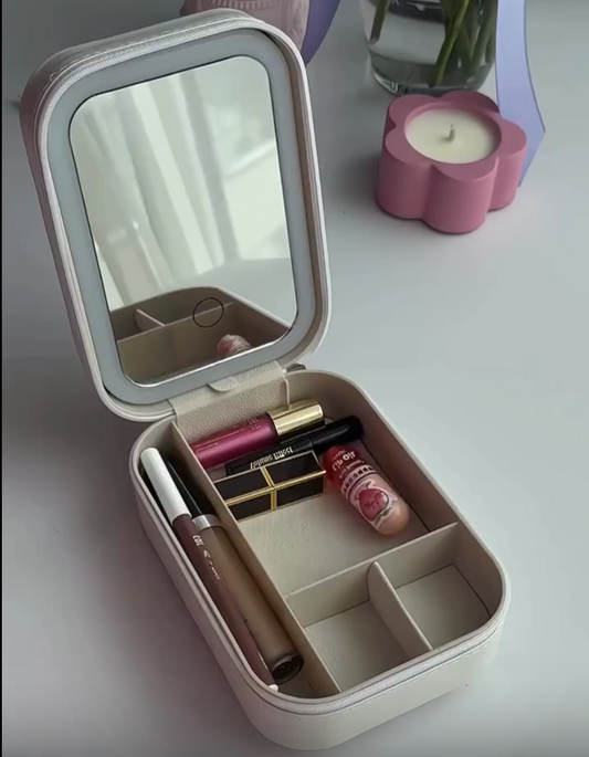 White Leather Jewelry and Makeup Organizer Box with LED Mirror